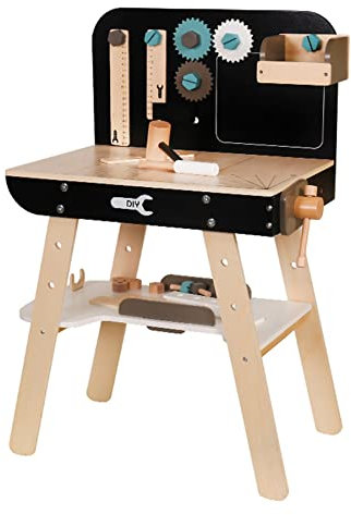 TikTakToo Mesa de herramientas para niños de madera con muchos accesorios, banco de trabajo, juego de taller