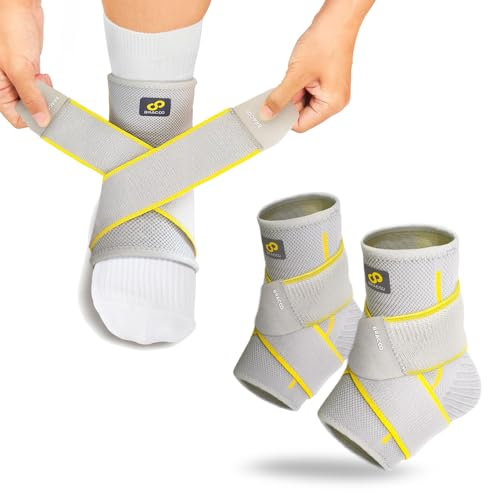 Bracoo Sprunggelenkbandage, 2 Stück Bandage Fußgelenk, Atmungsaktive Knöchelbandage rechts links, Fußbandage Sprunggelenk für Sport, Training, Plantarfasziitis, Achillessehne, FS60, Grau, L/XL