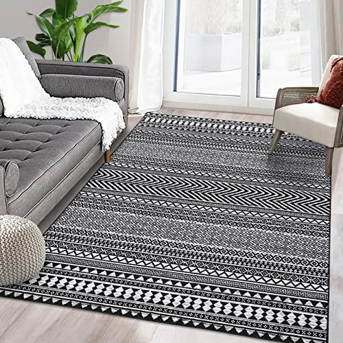 LuxFocus Wasserdichter Teppich, Niederfloriger Marokkanischer Boho Home Deco Teppich Waschbar öl- und Schmutzabweisend für Wohnzimmer Schlafzimmer Esszimmer Rutschfester Teppich, 160 x 230 cm, Schwarz