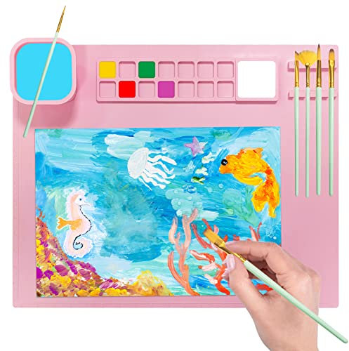 Malunterlage für Kinder Abwaschbar - Schreibtischunterlage Silikon Malmatte Mit Pinselbecher und Farbhalter 50,8 x 40,6 cm - Kunstmatte für Erwachsene (Rose)