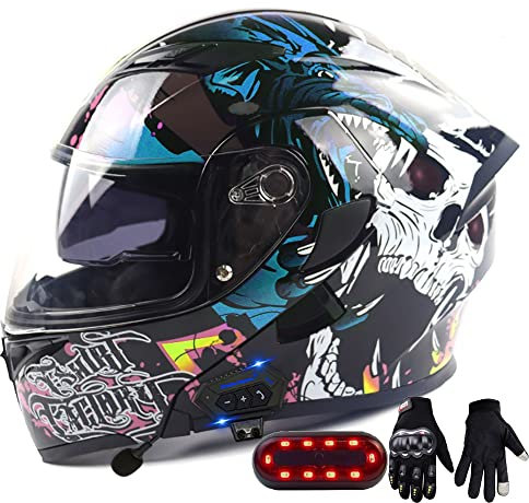 Casque Moto Modulable Bluetooth Intégré Homologué,Casque Moto Modulable avec Bluetooth,Homologué ECE Homme Et Femme avec Double Visière pour Anti-Collision Casque Scooter H,S(55-56CM)