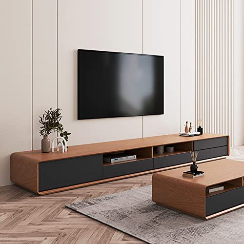 POVISON Moderner TV-Schrank 240cm,ModernWood Black TV Schrank,Lowline Medienkonsole mit 4 Schubladen, offener Stauschrank, Walnussfurnier,schwarz,komplett montiert