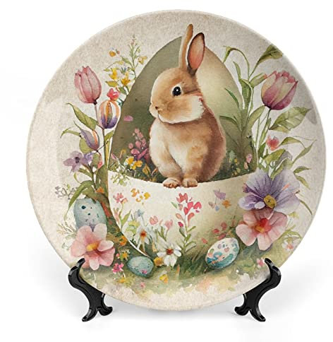 Piatto decorativo da appendere in ceramica con coniglietto e fiore, piatto decorativo vintage pasquale con supporto, piatto in porcellana a forma di coniglio, per casa colonica, soggiorno, sala da