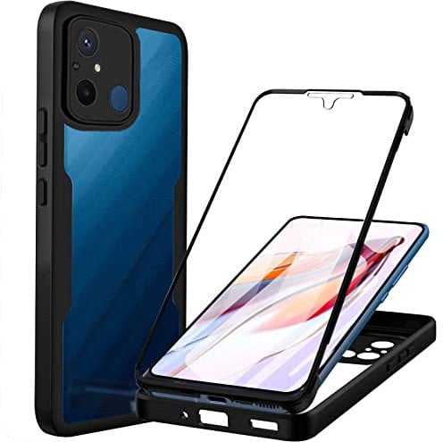 Yutwo Hülle Kompatibel mit Redmi 12C 360 Grad Stoßfest Schutzhülle Rundumschutz Cover Case mit Eingebautem Displayschutz Robust Bumper Durchsichtig Handyhülle für Xiaomi Redmi 12C/Redmi 11A- Schwarz