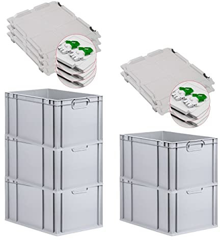 PROREGAL SuperSparSet 5x Eurobox NextGen Grip mit Scharnierdeckel und grünen Schiebeschnappverschlüssen, HxBxT 32x40x60cm, 65 L, Grau, Griffe geschlossen, Eurobehälter, Transportbox