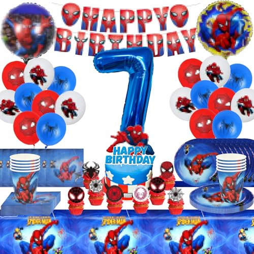Deko Geburtstag Kinder, Geburtstagsdeko Jungen 7 Jahre, 88 PCS Party Set mit Banner, Luftballons, Tischdecke, Tortendeko, 7'' Pappteller, Pappbecher, Servietten (7 Jahre)