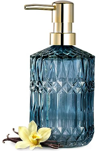 EMPO Seifenspender aus Transparentem Glas mit ABS-Kunststoff-Pumpe, Lotionspender für Küche, Bad (Blau)