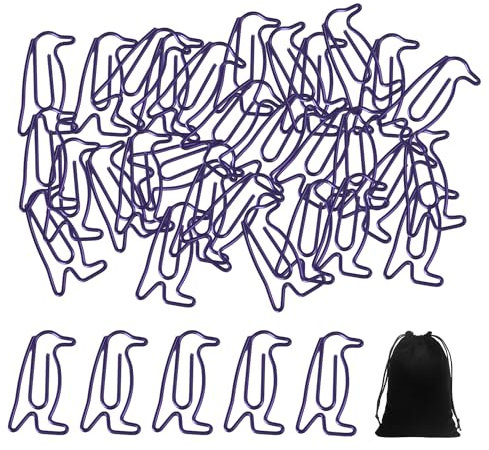 30 Stück Pinguin-Büroklammern Mit 1 Stück Schwarzer Flanelltasche, Niedliche Büroklammern, (Hellviolett)