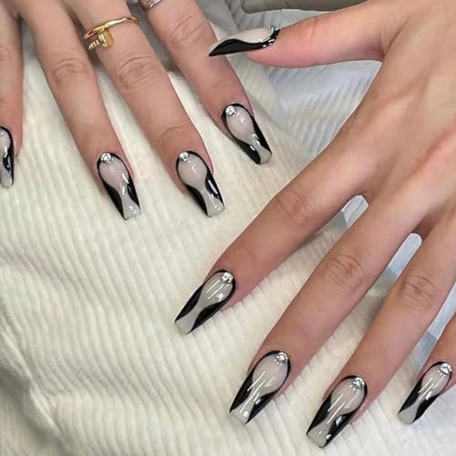 SINLOV Künstliche Fingernägel, lang, Sarg, glänzend, zum Aufdrücken, Schwarz / Weiß, Ballerina, künstliche Fingernägel, französische volle Abdeckung, für Frauen und Mädchen, 24 Stück
