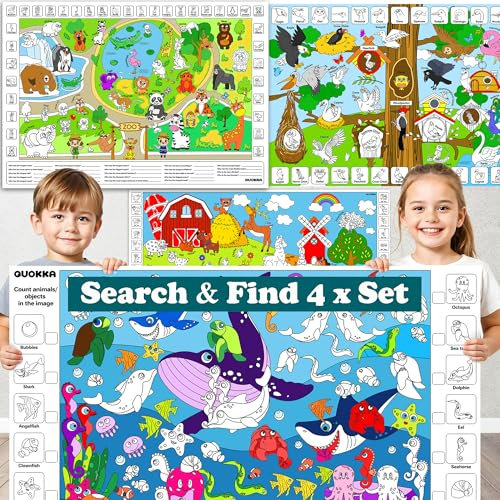 QUOKKA Riesige Ausmaltischdecke Kinder – 4 Großes Ausmalposter XXL zum Basteln 4 Jahre – 103x72 cm Malunterlage für Kinder - Poster Bauernhof Vögel Meer Zoo – Lernspiele ab 2 3 Jahre