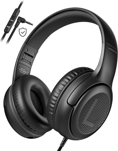 awatrue Kinder Kopfhörer, Kabel Kinderkopfhörer mit Mikrofon, Over Ear Kopfhörer Kinder für Schule/Reisen/PC/Tablet, 85/94dB Lautstärkenbegrenzer, Stereo Sound, Faltbare, Audio-Sharing (Schwarz)