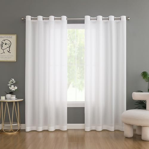 NSXIN 2er Set Sheer Voile Vorhang mit Ösen Halbtransparent Optik Gardine Vorhänge Transparent Luftig Durchsichtig Fensterschal Dekoschal für Schlafzimmer Wohnzimmer (Weiß,245 X 140cm(H x B))