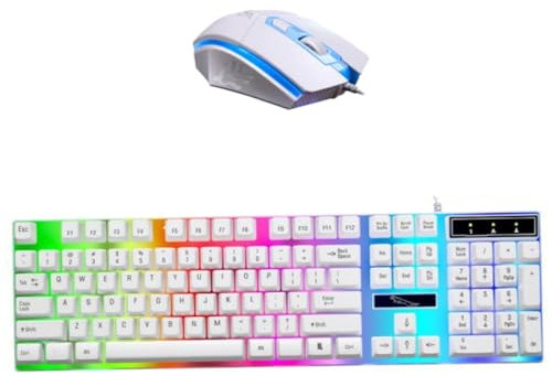 UKCOCO Tastiera e Mouse da Gioco Cablata con Retroilluminazione LED, 104 Tasti Senza Conflitto, USB, Bianca, Azerty, Per PC e Laptop