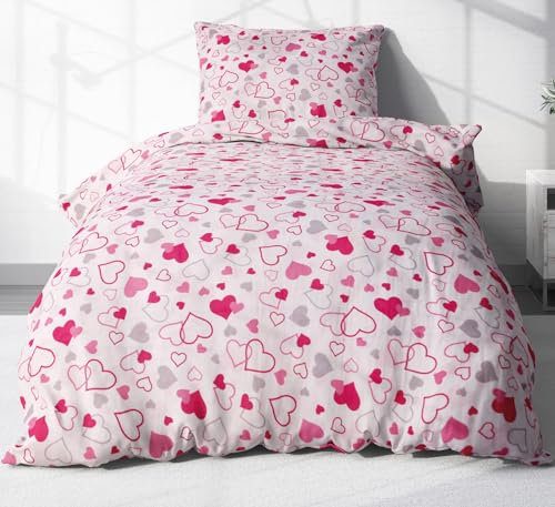 2-teilige Renforcé Bettwäsche 135x200cm und 80x80cm - Kleine und große Herzen - 100% Baumwolle, Bettgarnitur, Kinder (KY-550/1)