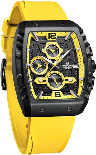 NAVIFORCE Montre de sport chronographe étanche pour hommes, bracelet en silicone coloré, montre-bracelet à quartz avec date automatique, jaune, Moderne