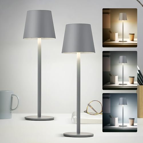 Faithorse Rechargeable Lamp Cordless Table Lamp, 2 Pack Battery Operated Lamps 5200mAh IP54 Waterproof Wireless Lamp with 3-Color Modes Touch Control Night Light for Bedroom(Grey)