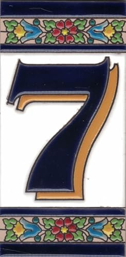 Exterior House Numbers - Door Plaque - Enameled Ceramic - Hand Painted with Dry Rope Technique - Names and Addresses - Large Flower Model 7.5cm x 15cm