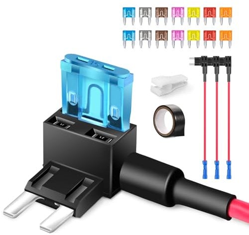 JOREST 4Pcs 16AWG Mini Blade Portafusibles 12v Adaptador, Robacorrientes Add-a-Circuit Porta Fusibles avec 14Pcs Mini (2A 3A 5A 7.5A 10A 15A 20A) Fusibles Automobiles+Extractor+Cinta