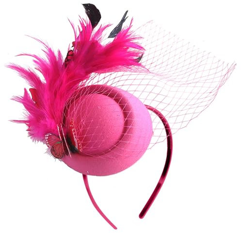 Fascinators Hut für Frauen, Elegant Feder Bowler Hut Fascinators Schleier Hochzeit Fascinator Kopfbedeckung Schmetterling Fascinators Stirnband Cocktail Tee Haarschmuck für Kirche, Bankett(Rosa)
