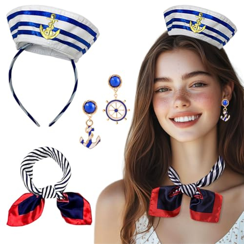 Matrosenmütze Haarreif und Schal, Blau Weiß Gestreift Seemannsmütze Damen, Roter Rand Blauer Quadratischer Schal und Anker Ohrstecker, Matrosen Kostüm Damen Accessoires, Für Karnevalsparty Cosplay