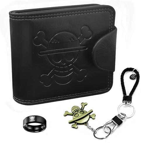 LbsAMP Anime Wallet Leather Coin Purse Wallet with Keychain and Skull Ring Cosplay Fashion Credit Card Holder Gift Foldable Wallet Anime Pattern Purse Cartoon for Anime Fan Teen Boys Men - Black
