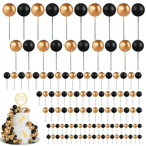 51PCS Cake Decorations, 50Pcs Cake Balls Decoration with Cake Topper | Black and Gold Cake Decorations, Birthday Cake Balls Decorations for Wedding Birthday Cakes Decoration