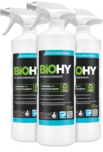 BIOHY Cykelrengörare (3 x 1 L) med sprayhuvud, rengöringsspray, ytor | Rengöringsspray för ram, glas och släta ytor, mycket effektivt skum, perfekt för elcyklar