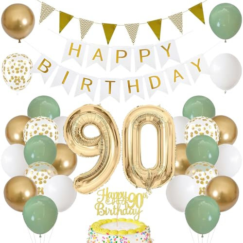 90. Geburtstag Dekoration Salbeigrüne, Grün Gold Luftballon Deko 90. Geburtstag mit Zahl 90 Folienballon, Happy Birthday Banner, Tortendeko für 90. Happy Birthday Deko Frau Mann