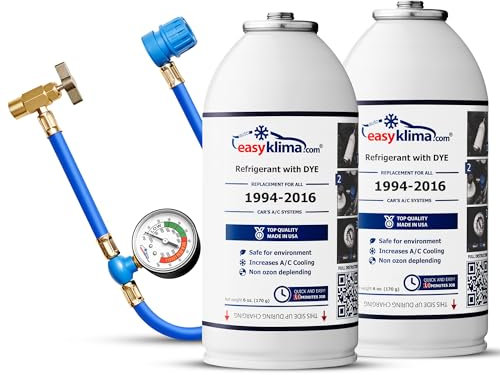 Kit EasyKlima® 3 en 1 con doble refrigerante R134a y manguera con manómetro. Rellena tú mismo el sistema de aire acondicionado de tu coche con gas adicional, para modelos de 1994 a 2016.