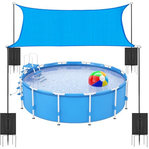 Briwooody Pool Shade Canopy Set 9. 8 x 8 ft Blue Outdoor Shade Sail with 4 Shepherd Hook Bracket and 4 Sandbags for Outdoor Patio Garden Backyard (Not Included Above Ground Pool)