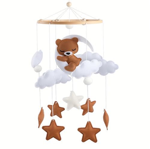 Mobile Baby Babybetten, Hängende Bettglocke, Baby Mobile Windspiele Schlummernder Bär mit Holzring, Baby Mobiles Filz mit Filzbällen Holz für Babyzimmer Deko, Wickeltisch (Braun)