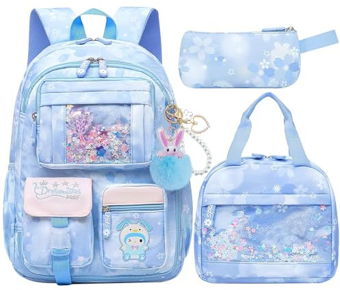 HANXIUCAO Schulranzen für Mädchen, Lagre Capacity Rucksack für die Schule, mit Laptopfach, Mädchen-Rucksäcke für Grundschule (Kinder-rucksack + Isolierte Lunchtasche + Federmäppchen, Blau)