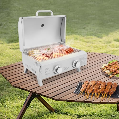Edelstahl Tisch-Gasgrill klappbar Balkongrill, Tragbarer BBQ Grill für Outdoor Camping mit 2 Brennern, Grillrost, fettauffangwanne & Deckel
