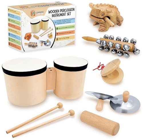 Kleinkind Schlagzeug Set & Musikinstrumente für Kleinkinder - Montessori Holz Percussion Instrument Set mit Bongo Drum, Jingle Bells, Becken, Kastagnette & Guiro