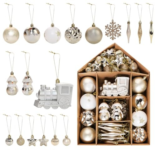 Mittokonnel Weihnachtskugeln 70 teiliges Set Weihnachtsbaumschmuck Weiß Gold, glitzernde weihnachtskugeln, Hängen weihnachtskugeln Gold，Christbaumschmuck
