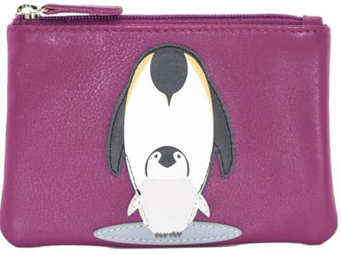 Genuine Leather Coin Purse – Cute Mum & Baby Penguin Design – Zip Top Small Change Purse with Appliqué Detail – Pocket-Sized Wallet for Coins & Cash – 12.5 x 8.5 cm (Magenta)