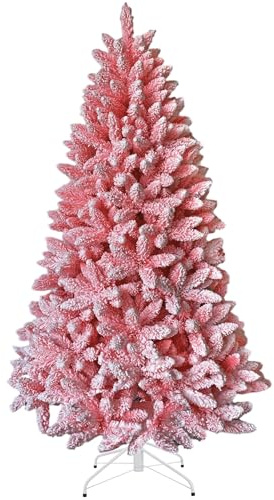 Árbol de Navidad Rosa Flocado de 7 pies, Pino Artificial, Plegable, Soporte de Metal, 1084 Puntas, Ramas con bisagras, nevado, arbusto, decoración de Lujo para el hogar