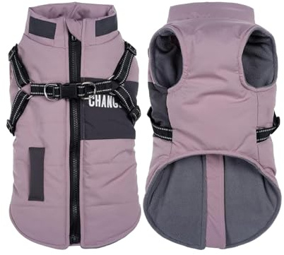 Hundejacke für kleine mittelgroße Hunde, Warmer winddichter Winter Hundemantel mit Geschirr, Haustier Hunde Welpen Outdoor Skifahren Jacken Weste Kostüm (Lila, S)