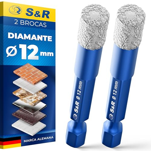 S&R Lot 2 Foret Diamant Carrelage 12mm. Forets diamantés Mèche perceuse Céramique, Grès, Granit, Porcelaine, Marbre, Verre. Tige hexagonale