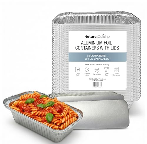Pack Of 50 Aluminium Foil Containers No.3 with Foil-Backed Lids – 650ml Capacity Mini Loaf Tins Reuseable / Disposable Food Trays – Oven, Fridge & Freezer Safe – Ideal for Takeaway & Meal Prep