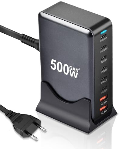 Chargeur GaN Desktop 500W, Station de Charge Rapide 8 Ports | Port USB-C Monocible 100W Max(6 USB-C + 2 USB-A), pour MacBook Pro/Air, iPhone 16/15, Samsung, Dell XPS, HP, Tablettes