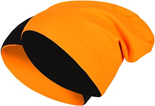 2 in 1 Wendemütze - Reversible Slouch Long Beanie Jersey Baumwolle elastisch Unisex Herren Damen Mütze Heather in 24 (8) (Black/Orange)