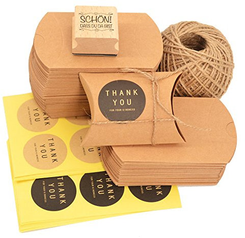 Okaytec 100 Kraftpapier Schachtel Papier Schachteln klein Gastgeschenke Hochzeit mit Juteschnur 60M und Schön dass Du da bist Stempel und 102 Stk Aufkleber für Süßigkeiten Schmuck DIY