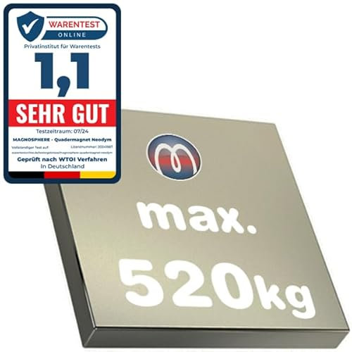 Quadermagnet Neodym Magnet-Quader Extra Stark - Haftkraft bis 800kg - Starke Blockmagnete - Rechteckige NdFeB Magnete, Größe: 100x100x20mm - 520kg Haftkraft