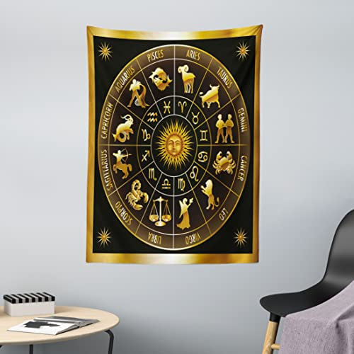ABAKUHAUS Astrologie Wandteppich, Signs Kreis Sonne-Mond aus Weiches Mikrofaser Stoff Waschbar ohne Verblassen Digitaldruck, 110 x 150 cm, Dunkel Waldgrün Orange