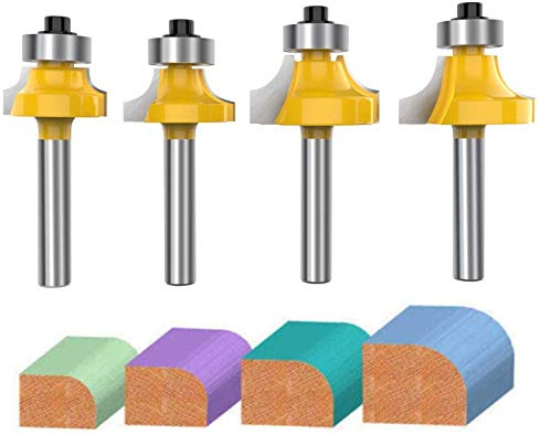 1/4 Inch Shank Roundover Edging Router Bit Set, APlus Corner Rounding Edge Forming Bit Set, Woodworking Milling Cutter Tools 1/8, 1/4, 3/8, 1/2 Radius (4 Pack)