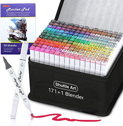 Shuttle Art Alcohol Markers, 171 Colours Professional Dual Tip Art Pens Plus 1 Colourless blender 1 Marker Pad, Felt Tip Pens with Case for Artists Adult Illustration Colouring Sketching Drawing