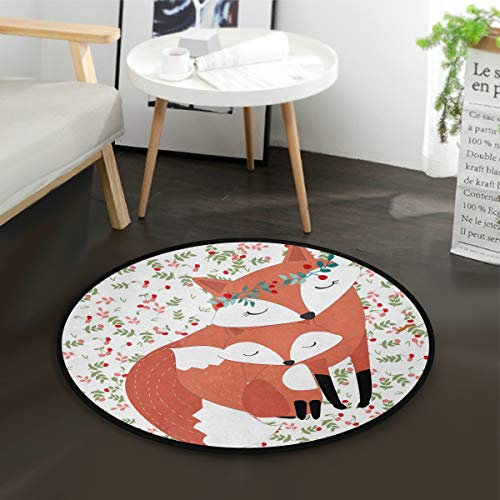 Mnsruu Tapis rond pour salon, chambre à coucher, motif loup, renard, fleur, 92 cm de diamètre