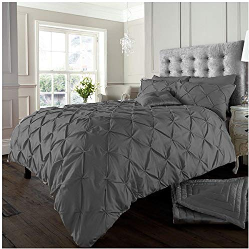 GC GAVENO CAVAILIA Pinch Pleated Double Bedding Set, Diamond Pleat Pintuck Comforter Cover, Soft Polycotton & Breathale Quilt Cover with Pillowcases, Charcoal