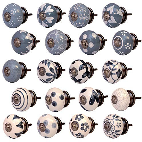 Set 20 Stück Möbelknöpfe Keramik Grau Antik Look handbemalt Shabby-Chic Vintage (19SETVAR-08)